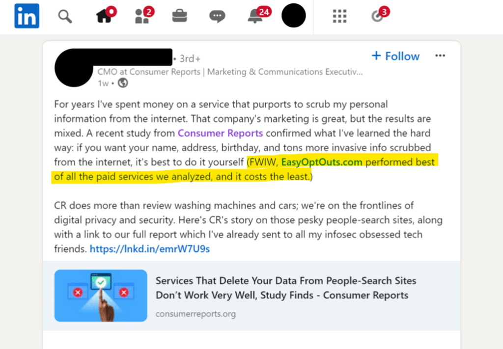 Consumer Reports CMO Features EasyOptOuts in LinkedIn Post