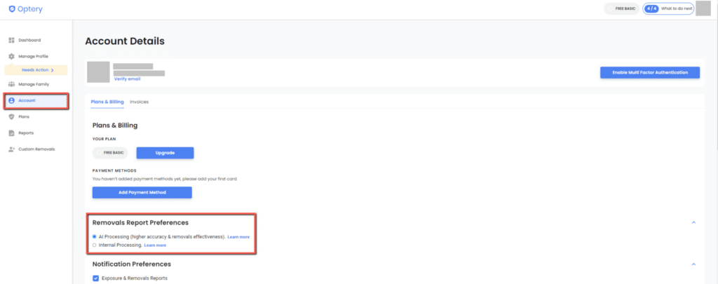 Optery Removals Report Preferences with AI Processing and Internal Processing Options.