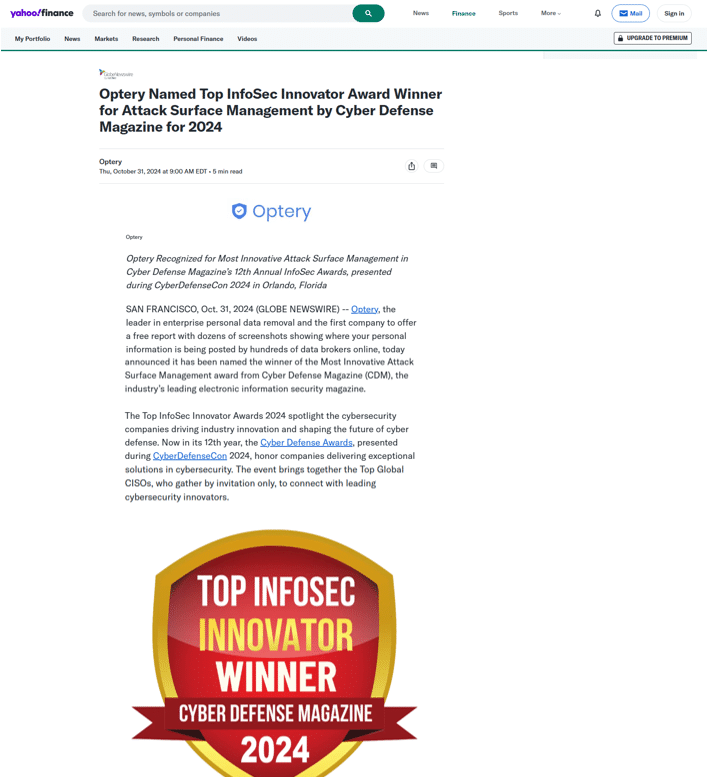 Optery Named Top InfoSec Innovator Award Winner for Attack Surface Management by Cyber Defense Magazine for 2024